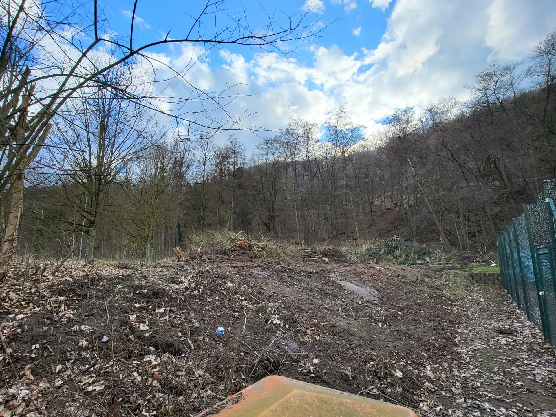 Hügelige, baumbewachsene Waldfläche mit glattem Boden und Holzreste; rechter Bereich von einem grünen Metallzaun begrenzt. Teil einer Außenanlage des TuS Müschede 07 e.V. Tennisabteilung, Aufnahme der Umgebung vor dem Gelände.