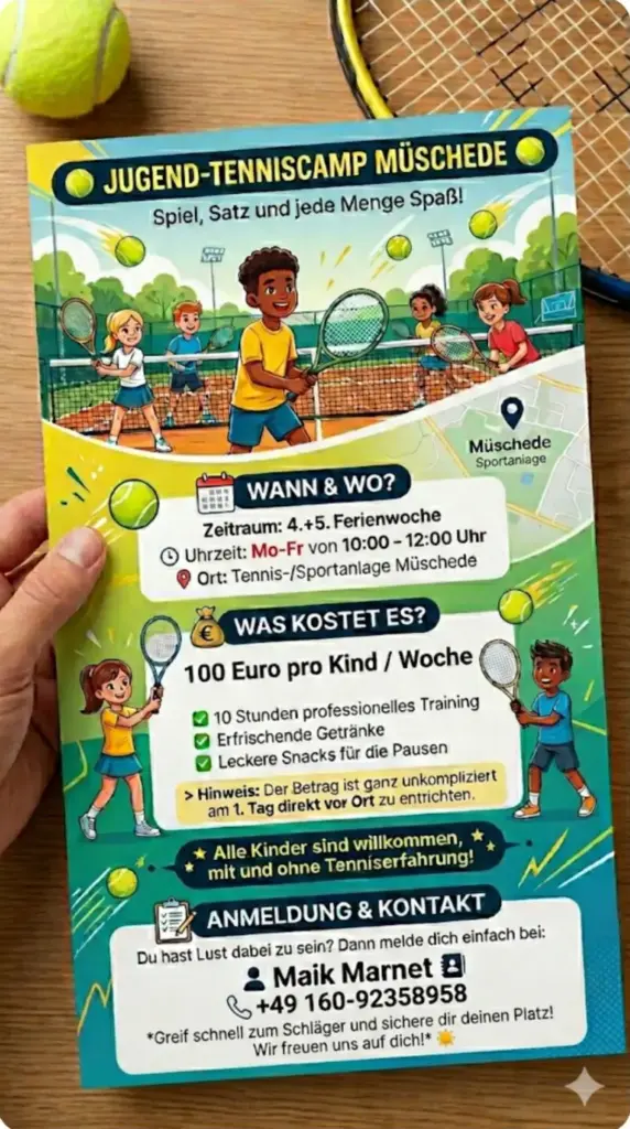 Bunter Tennis-Flyer für Jugend-Tenniscamp Müschede mit fröhlichen Kindern, Schlägern und Tennisbällen, Titel 'Jugend-Tenniscamp Müschede' und Termin-Informationen, Ort Müschede Sportanlage