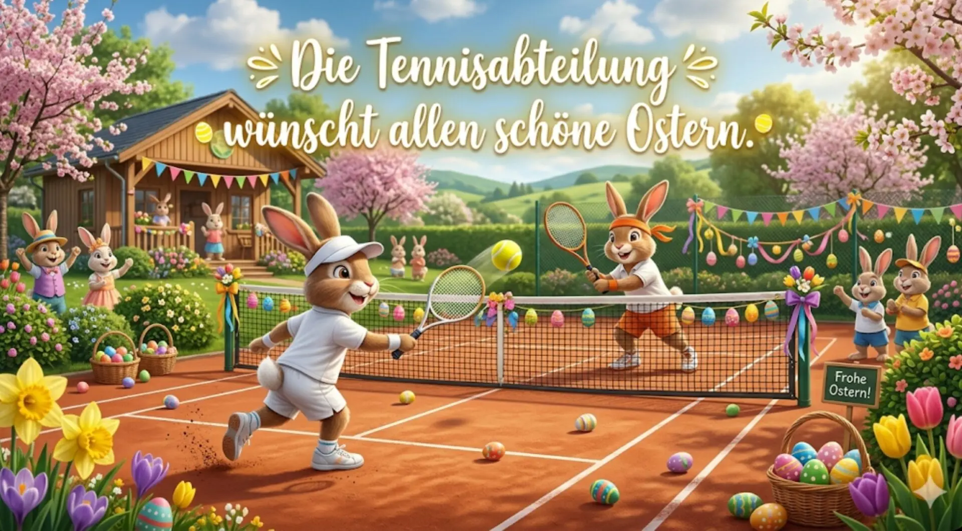 Farbenfroher Tennisplatz im Frühling, zwei fröhliche Häschen in Tenniskleidung spielen Tennismatch, Ostereier, Blumen und Girlanden sorgen für eine fröhliche Osterstimmung.
